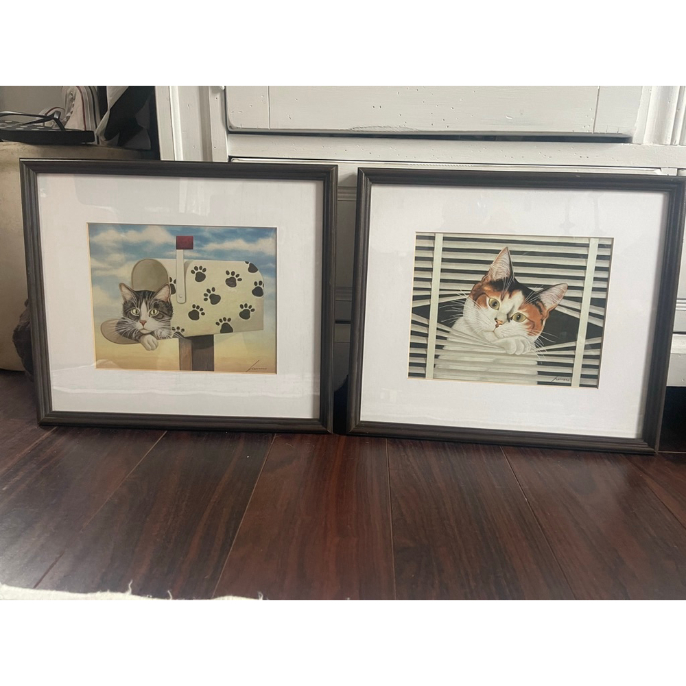 Herrero Cat Prints Framed Set of 2 “Cat Days” 15x13 Vintage Style